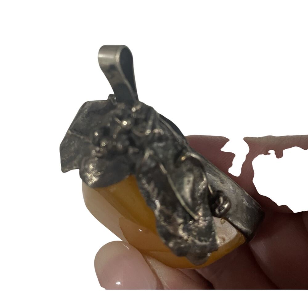 Vintage Baltic Amber Artisan Pendant Sterling Silver Frame Floral Leaf Motif 2” - Picture 3 of 8